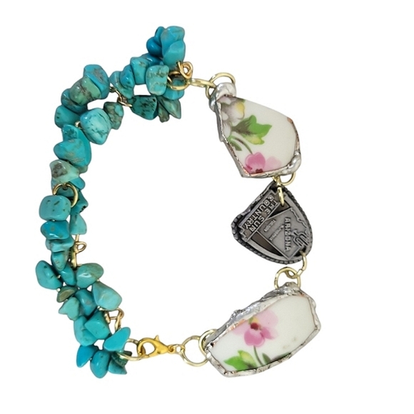 14K Gold Plated Arizona The Sun Country Broken China Floral Turquoise Bracelet - Picture 1 of 4